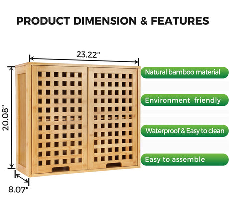 ZYBT Natural Bamboo Bathroom Wall Cabinet with Doors and Shelves, Over The Toilet Storage Solution ZYBT