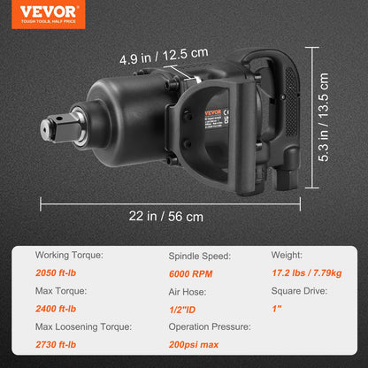 VEVOR 1 Inch Air Impact Wrench, Up to 2730 ft-lbs Reverse Torque Output 1" Pneumatic Impact Gun Lightweight w/ 2 Handles for Heavy Duty - WoodArtSupply