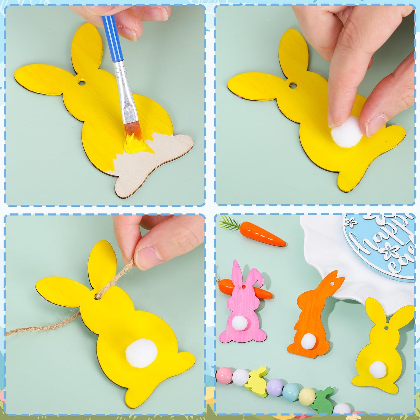 Whaline 30Pcs Easter DIY Crafts Sets Unfinished Wood Bunny Cutouts with Paints Brushes Palette Felt Balls Ropes Glue Points Spring Rabbit Wood - WoodArtSupply