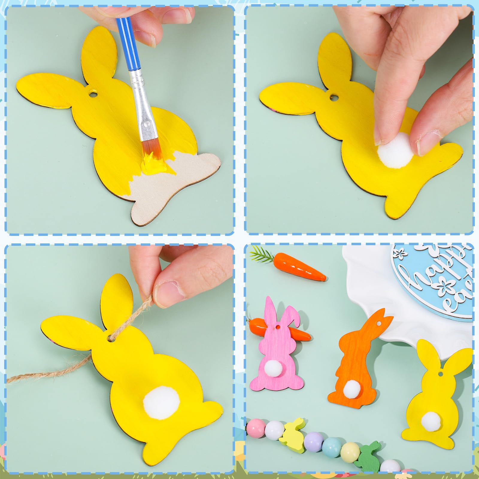 Whaline 30Pcs Easter DIY Crafts Sets Unfinished Wood Bunny Cutouts with Paints Brushes Palette Felt Balls Ropes Glue Points Spring Rabbit Wood - WoodArtSupply