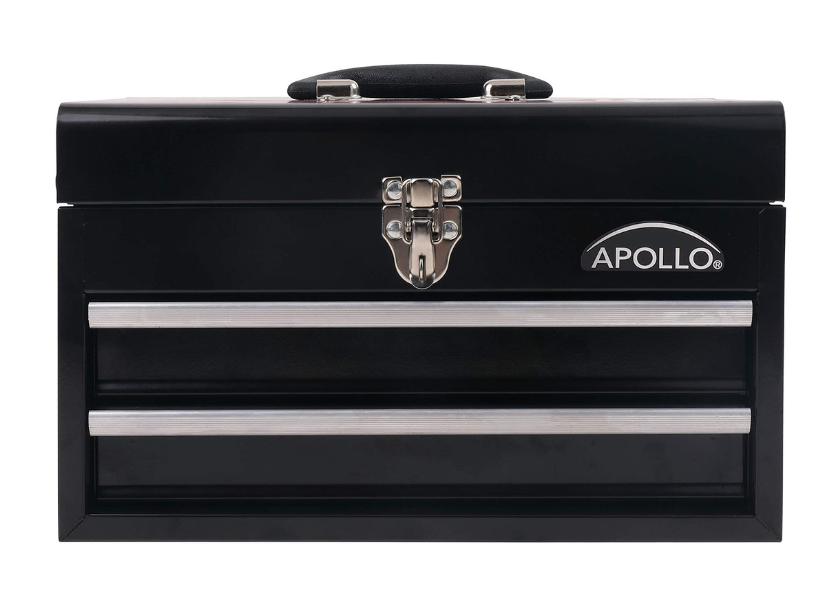 Apollo Tools 14 Inch Steel Tool Box with Deep Top Compartment and 2 Drawers in Heavy-Duty Steel With Ball Bearing Opening and Powder Coated Finish - Apollo Tools