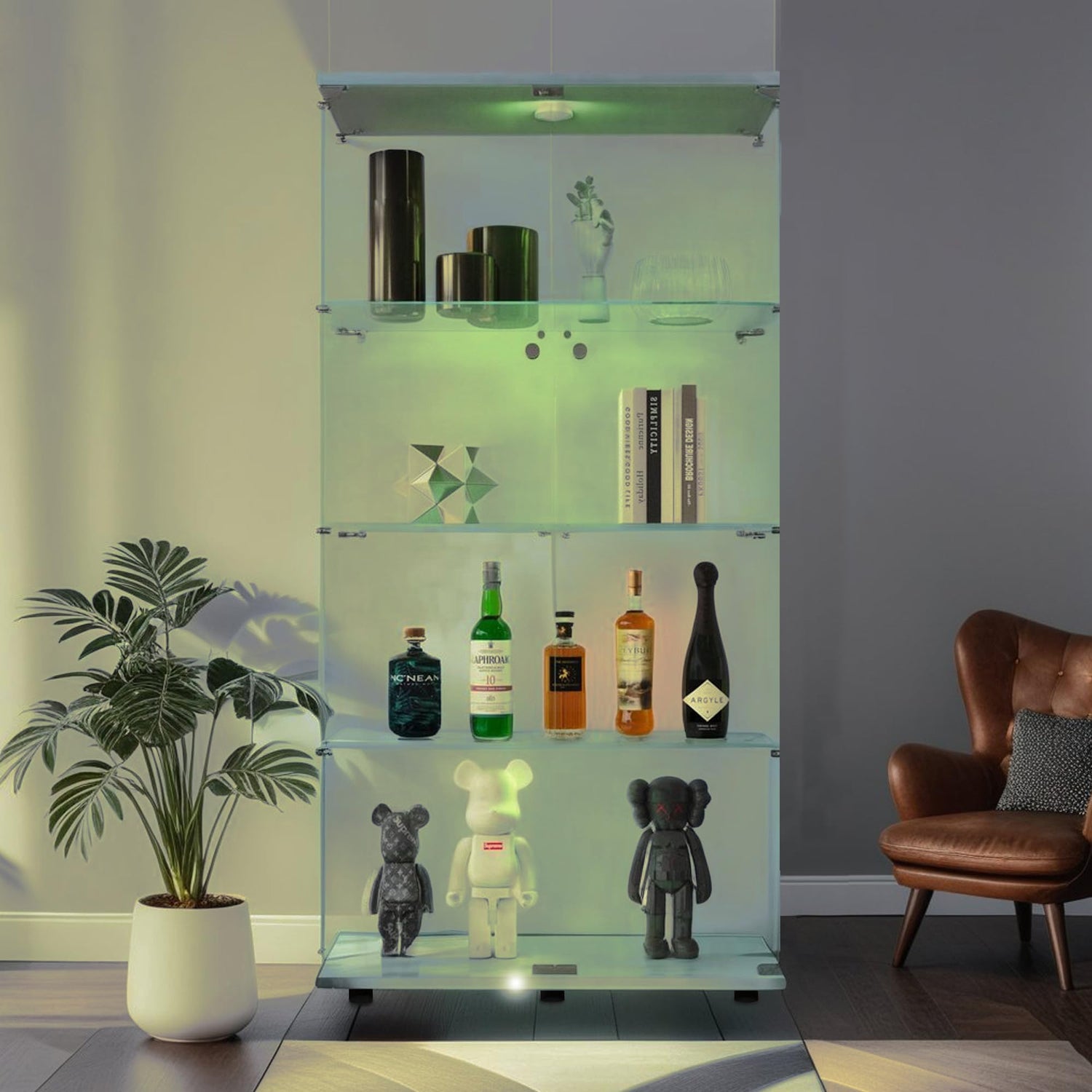 Zipzop 64.5'' Lighted Glass Display Cabinet with Lock and Remote Control - Modern Curio Showcase Zipzop