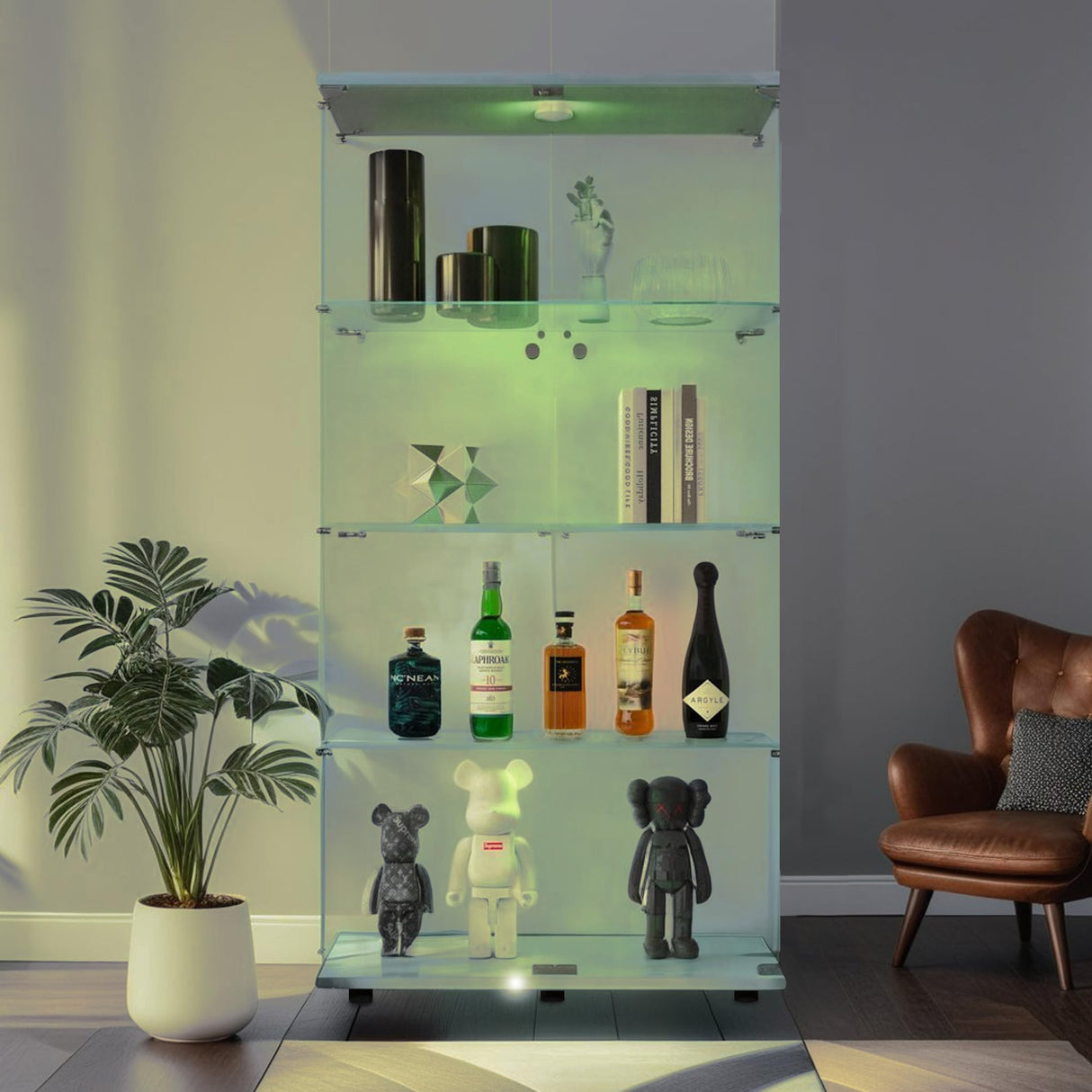 Zipzop 64.5'' Lighted Glass Display Cabinet with Lock and Remote Control - Modern Curio Showcase Zipzop