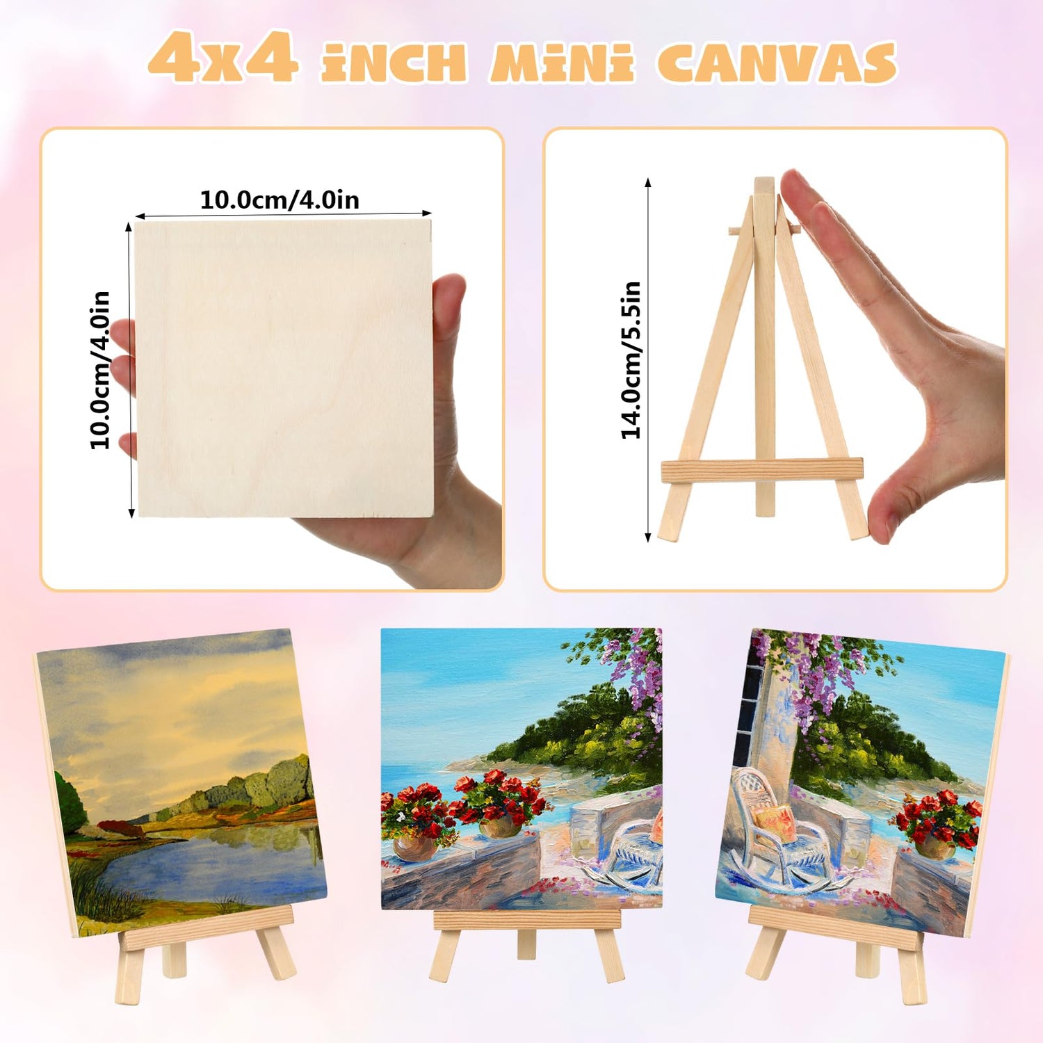 Landical 36 Pcs 4 x 4 Inch Wood Panel Boards with 36 Pcs Wood Display Easel, Unfinished Square Wood Panels for Crafts Wood Art Boards for Displaying Landical