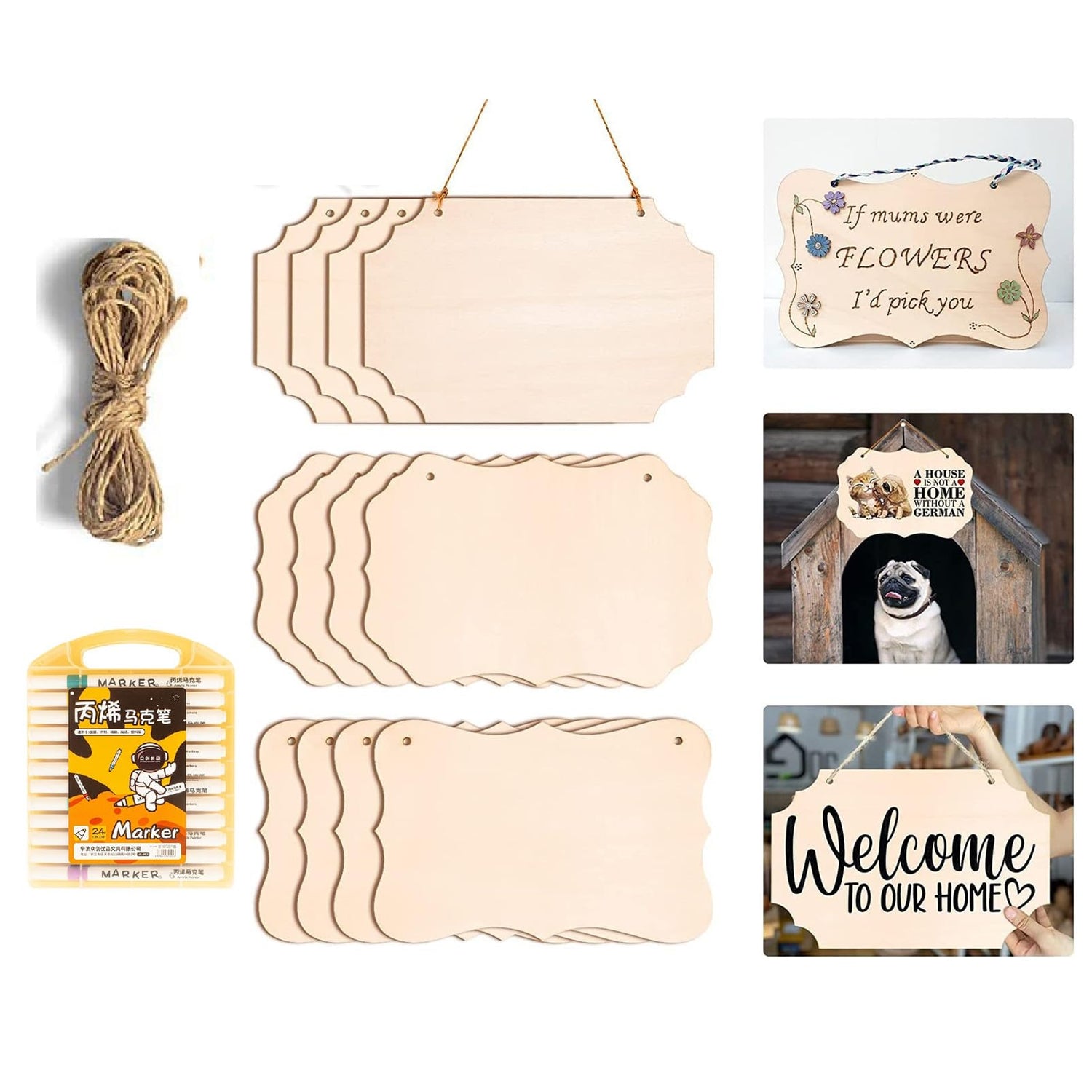 12PCS Unfinished Wood Crafts, Rectangle Wood Blanks Sign with Ropes for Crafts, Wood Plaque for Cricut Projects, Wooden Hanging Craft Door Signs Wall RF REENFAYA