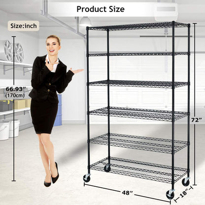 6 Tier Adjustable Wire Shelving Unit w/Casters, NSF Commercial Metal Storage Garage Shelves, 4800 LBS Capacity, Heavy Duty Standing Rack for