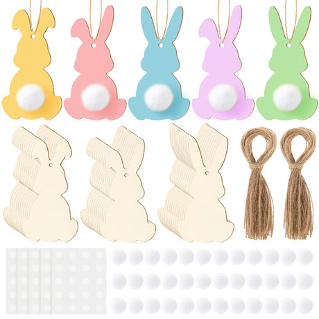 Beeveer 36 Pcs Easter Unfinished Wood Bunny Cutouts Hanging Rabbit Cutouts Wooden Easter Bunny Craft Rabbit Craft Tags with 36 White Felt Balls 60 Beeveer