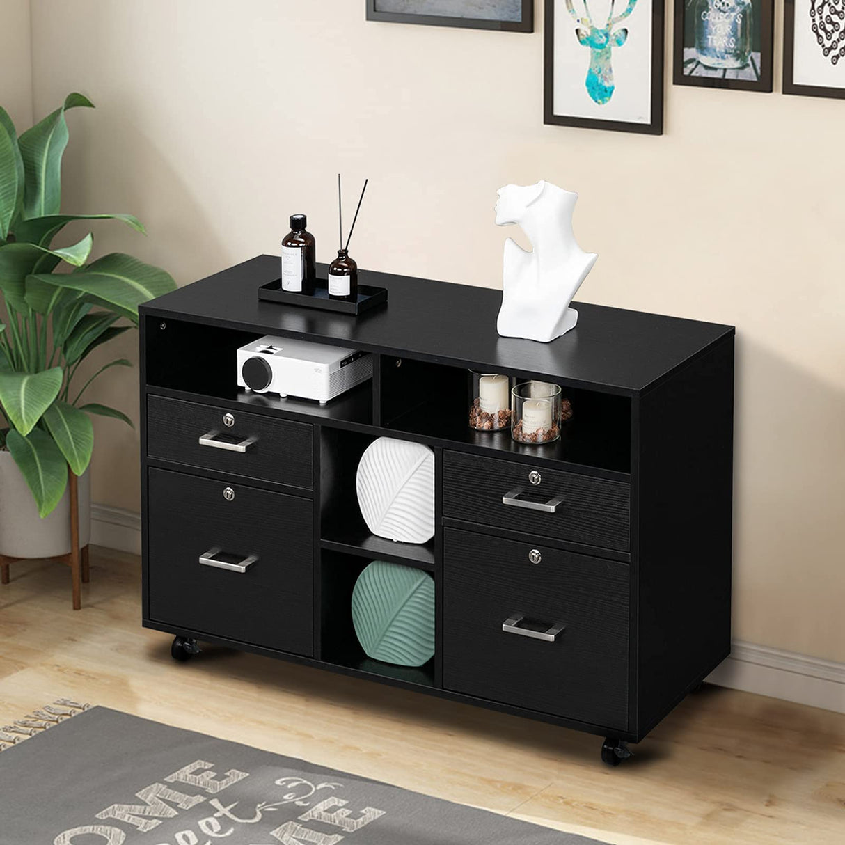 VINGLI Wood Mobile File Cabinet with 4 Drawers and Shelves, Printer Stand with Open Storage, Locking Lateral Filing Cabinet for Home Office, Black VINGLI