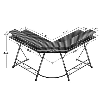 SEVEN WARRIOR L Shaped Gaming Desk with LED Lights & Power Outlets, 50.4” Computer Desk with Monitor Stand & Carbon Fiber Surface, Corner Desk with