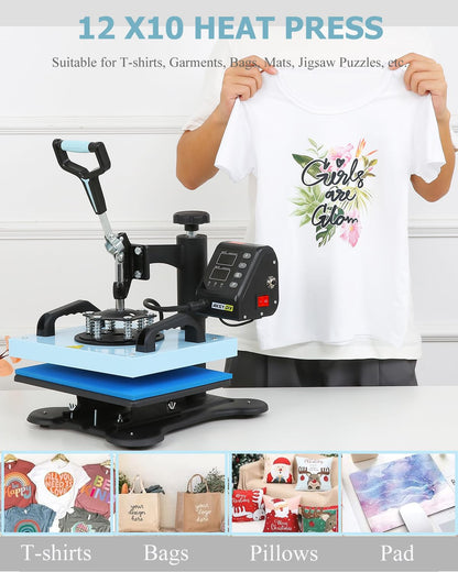 Heat Press Machines 12x10 T-Shirt Pressing Machine 360° Swing Away Sublimation Heat Press Digital DIY Heat Transfer Press Vinyl for T-Shirt Bag