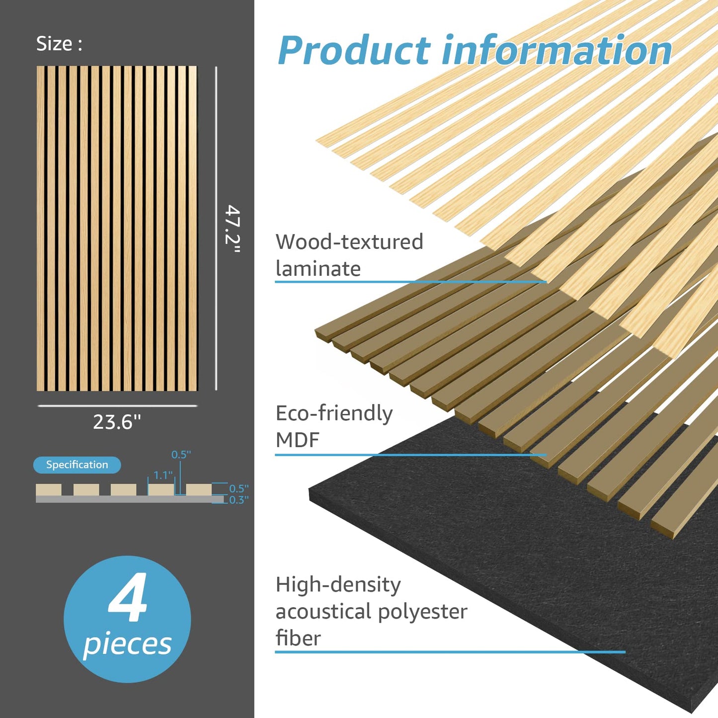 Art3d 4 Wood Slat Acoustic Panels for Wall and Ceiling - 3D Fluted Sound Absorbing Panel with Wood Finish - Oak