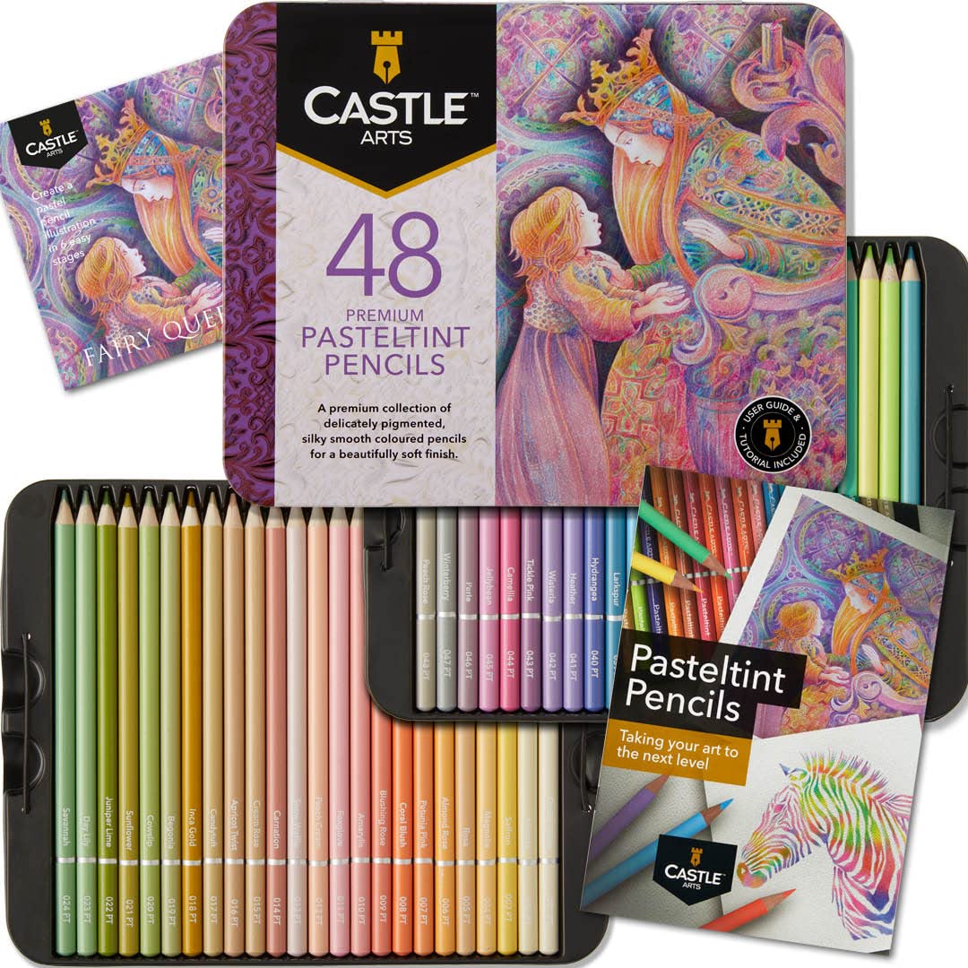 Castle Art Supplies 48 Piece Pasteltint Tin Colored Pencils Set | Quality Colors in Softer, Sumptuous Tones | For Professional and Adult Artists | - WoodArtSupply