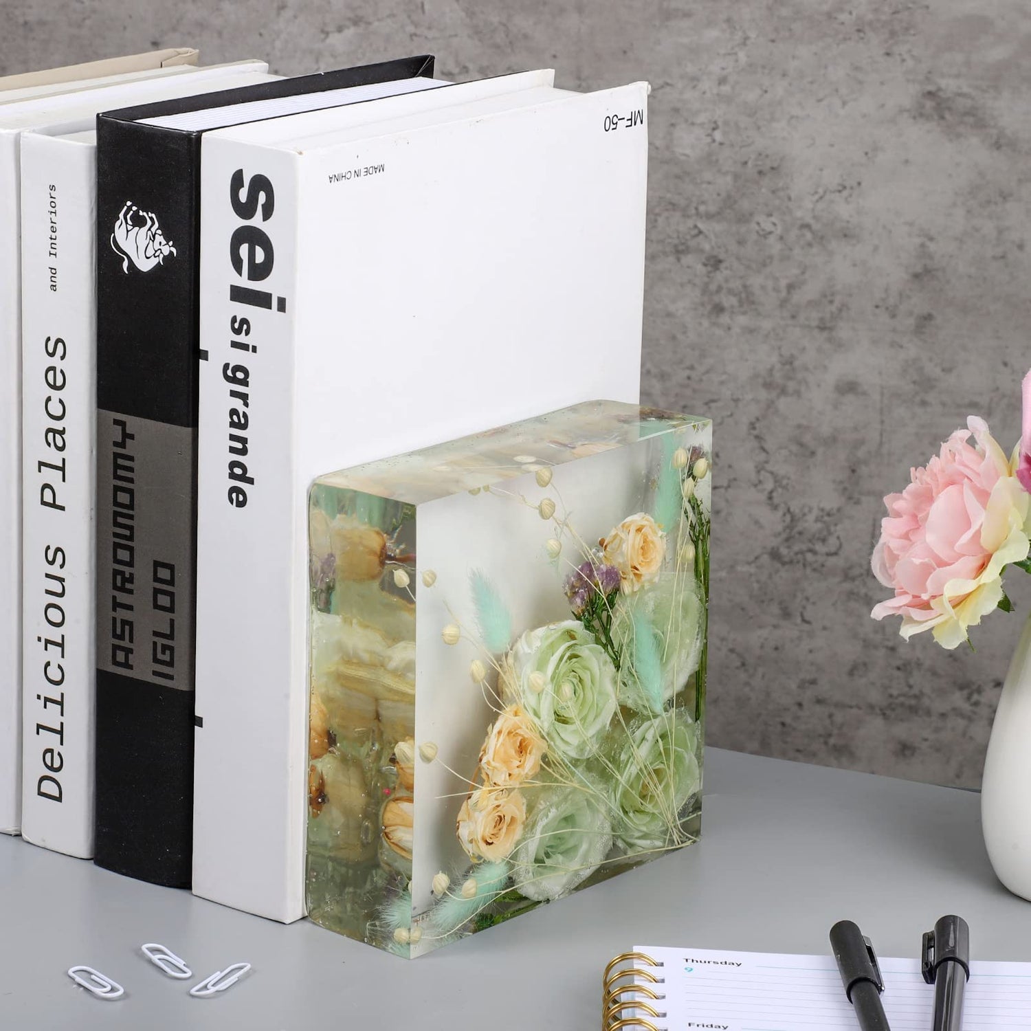 3 Pcs Large Silicone Molds for Resin Glossy Deep Square Molds Hexagon Silicone Molds Heart Bookends Resin Mold with 3 Pcs Round Epoxy Resin Molds for Potchen