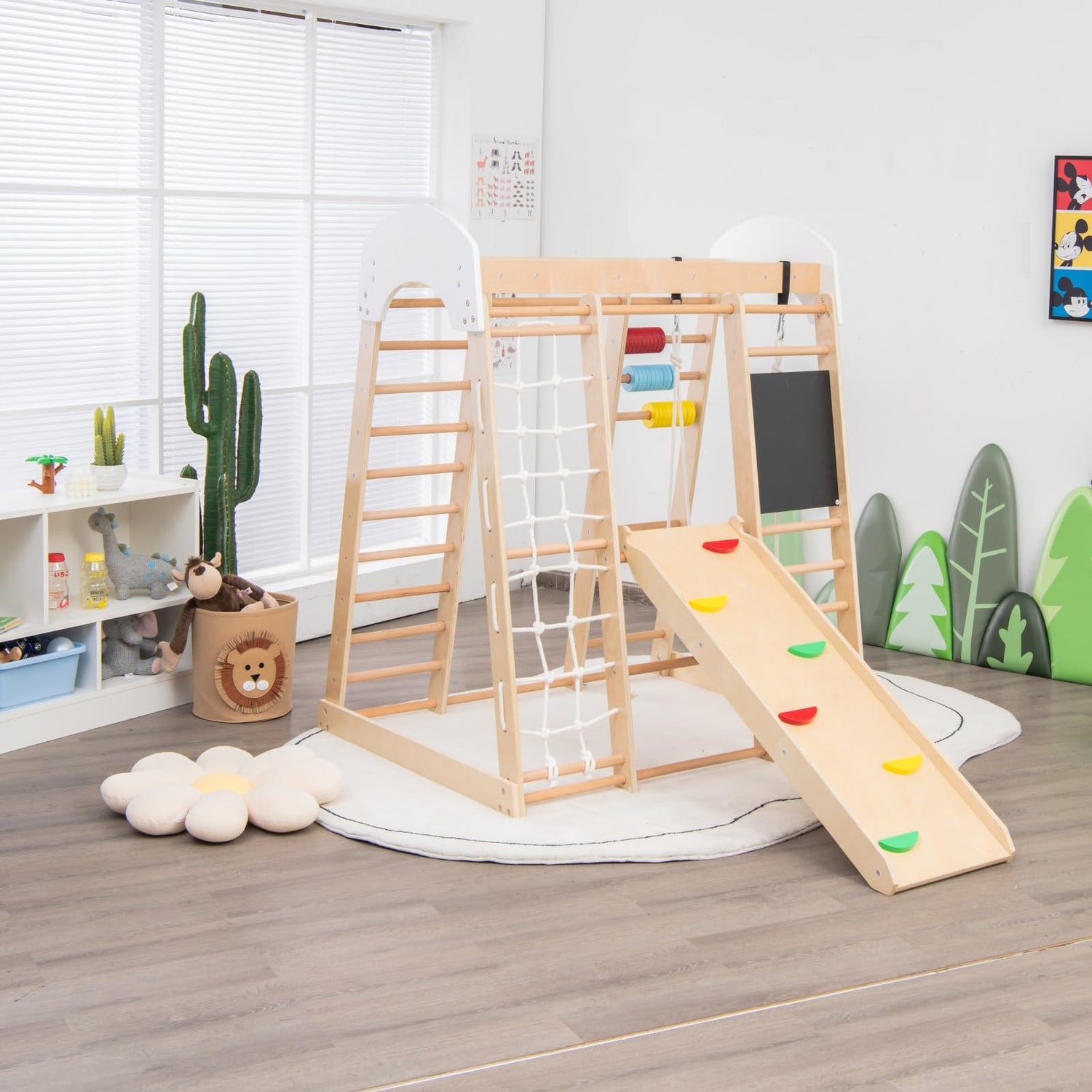 Costzon Indoor Jungle Gym, 8-in-1 Climbing Toys for Toddlers with Slide, Climbing Rock/Net, Monkey Bars, Drawing Board, Abacus Game and Swing, Wooden Costzon