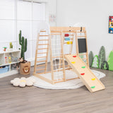 Costzon Indoor Jungle Gym, 8-in-1 Climbing Toys for Toddlers with Slide, Climbing Rock/Net, Monkey Bars, Drawing Board, Abacus Game and Swing, Wooden Costzon