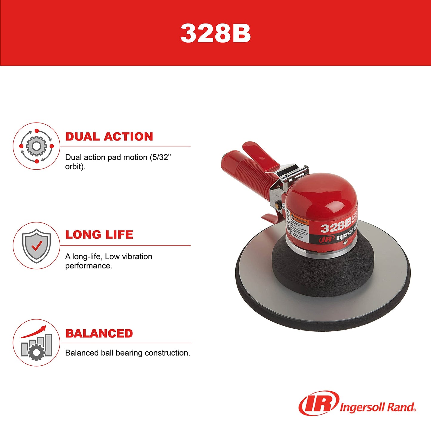 Ingersoll Rand 328B 8” Air Geared Orbital Sander, Heavy Duty, Dual Action Pad, Low Vibration, Swirl Free Finish, 825 Free Speed RPM, One Size,