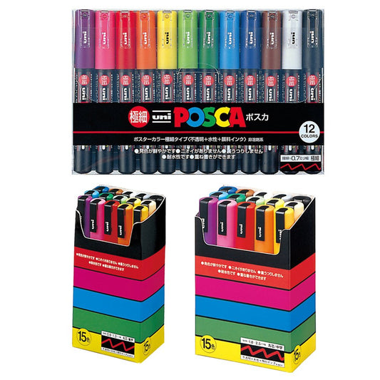 Uni-posca Paint Marker Pen BUNDLE SET , Mitsubishi Pencil Uni Posca Poster Colour Marking Pens Extra Fine Point 12 Colours , Fine 15 Colors , Medium - WoodArtSupply