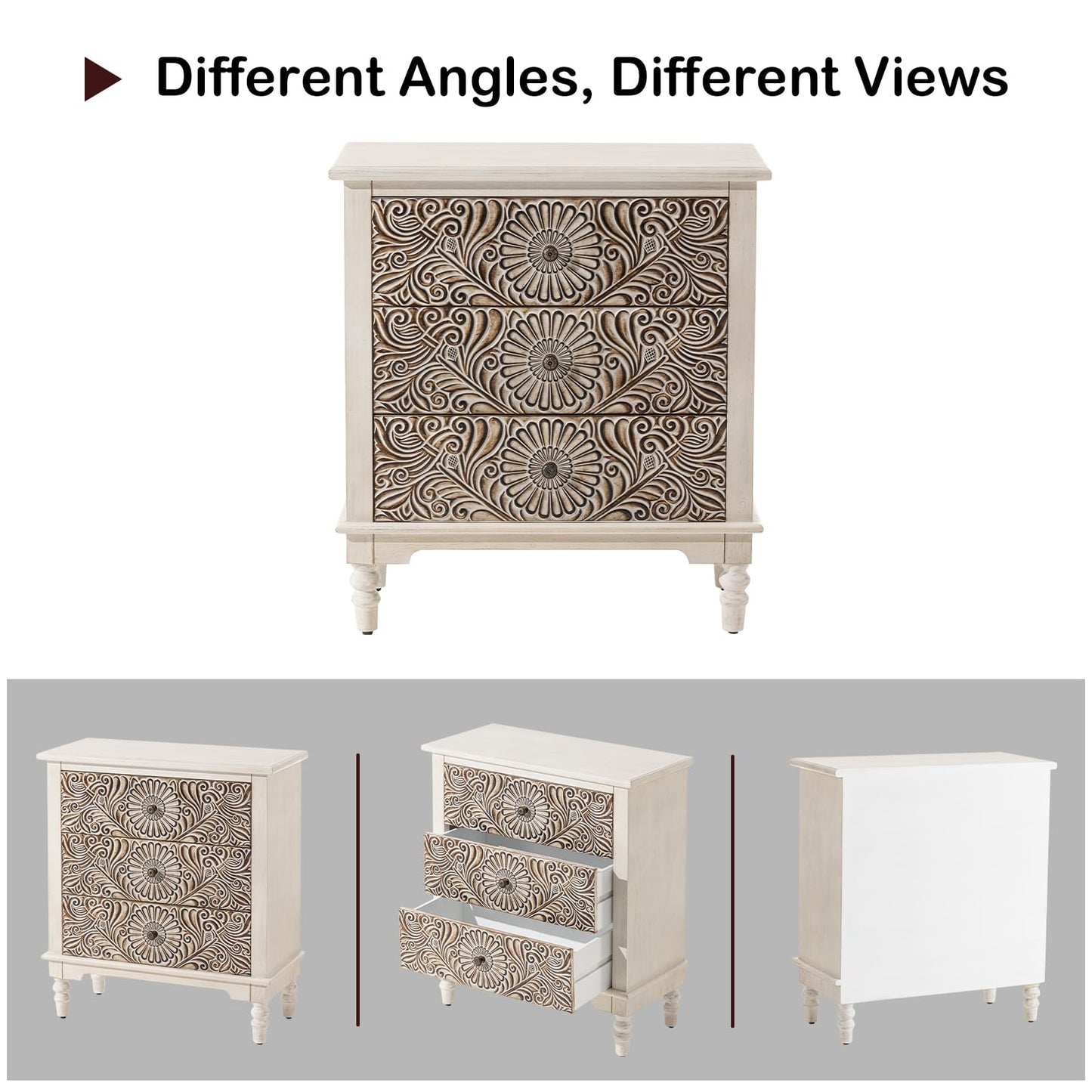 HOMPUS End Table w Flower Pattern, Nightstand w 3 Storage Drawers, Small Night Stand w Wood Grain Finish, Accent Table Side Table, Small Chest