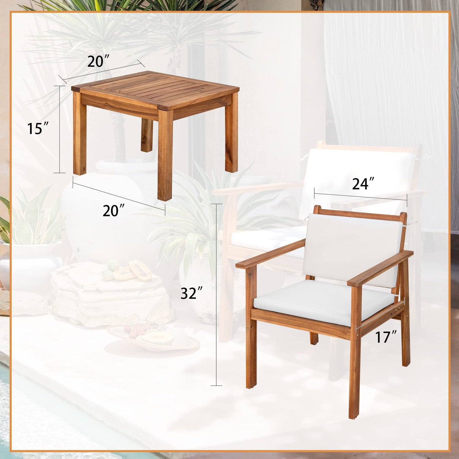 Devoko Patio Set 3 Piece Acacia Wood Outdoor Furniture Conversation Seat with Table & Cushions Porch Chairs for Balcony, Deck, Backyard, Beige Devoko