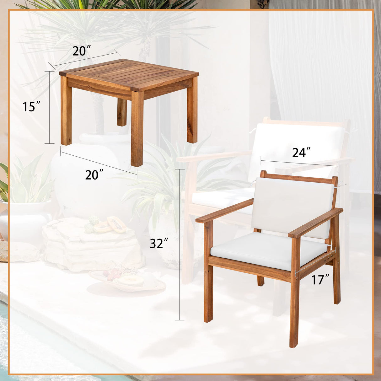 Devoko Patio Set 3 Piece Acacia Wood Outdoor Furniture Conversation Seat with Table & Cushions Porch Chairs for Balcony, Deck, Backyard, Beige Devoko