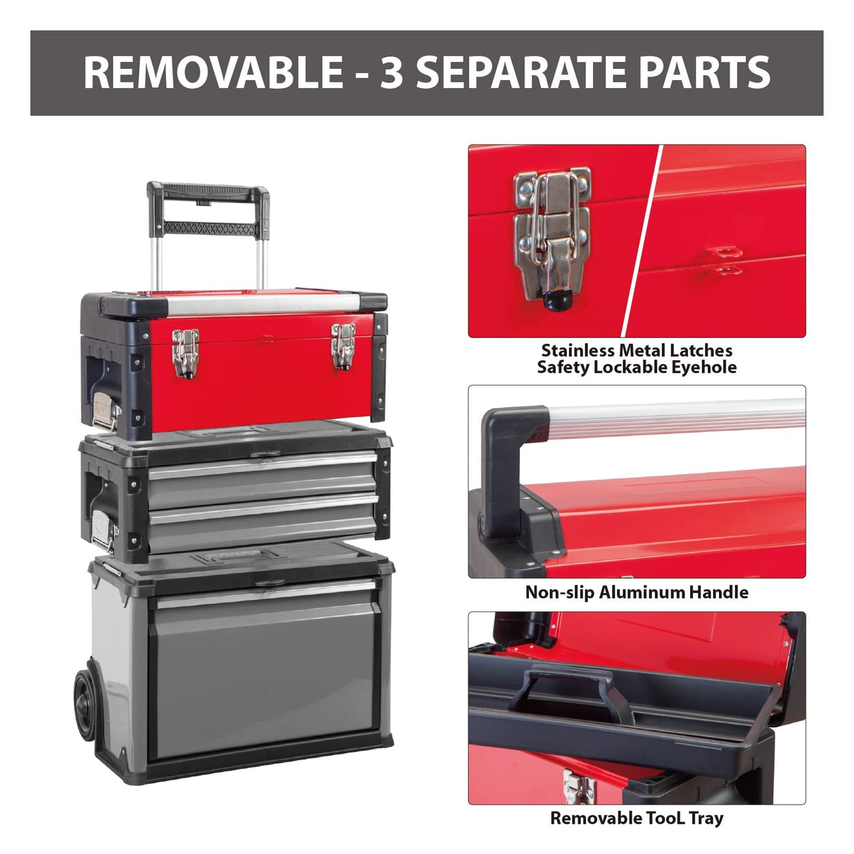 BIG RED Stackable Rolling Tool Box Portable Metal Toolbox Organizer,Separate Rolling Upright Trolley Tool Chest with Wheels and 2 Drawers for BIG RED