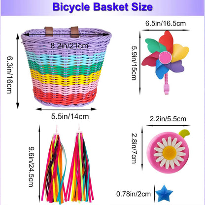 Bicycle Basket for Girls, Adjustable Front Handlebar Bike Basket with Bike Streamers Set Bell/Bicycle Windmill/Bicycle Wheel Beads DIY Bike - WoodArtSupply