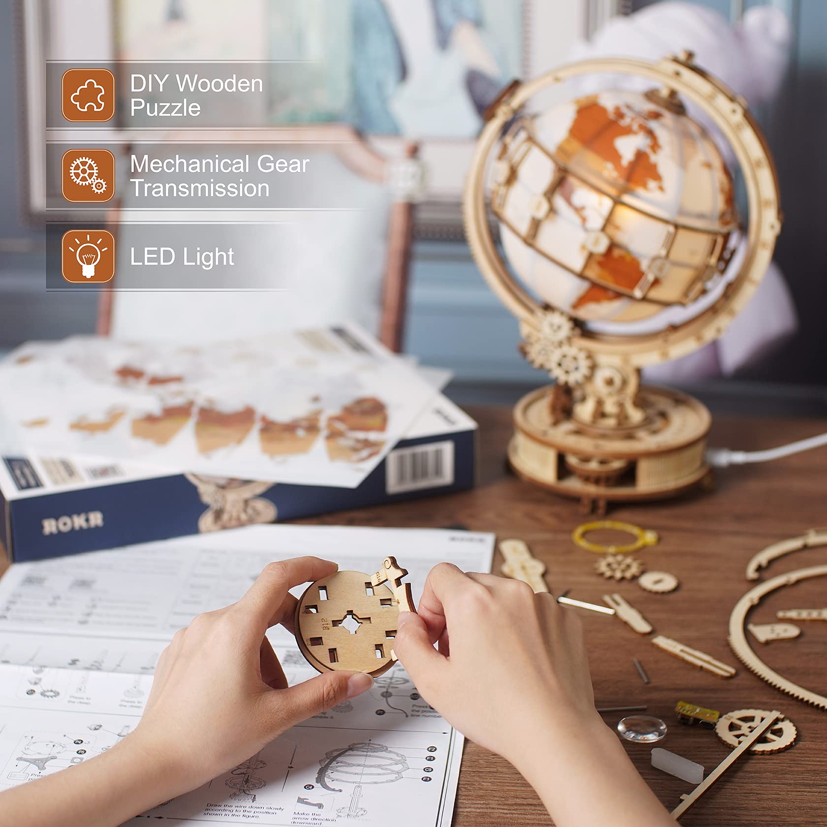 Illuminate Your Space with ROKR 3D Wooden Puzzle Globe Kit - 11.5 Inch Antique-Style with LED, Perfect Hobby Gift for Adults and Teens - WoodArtSupply