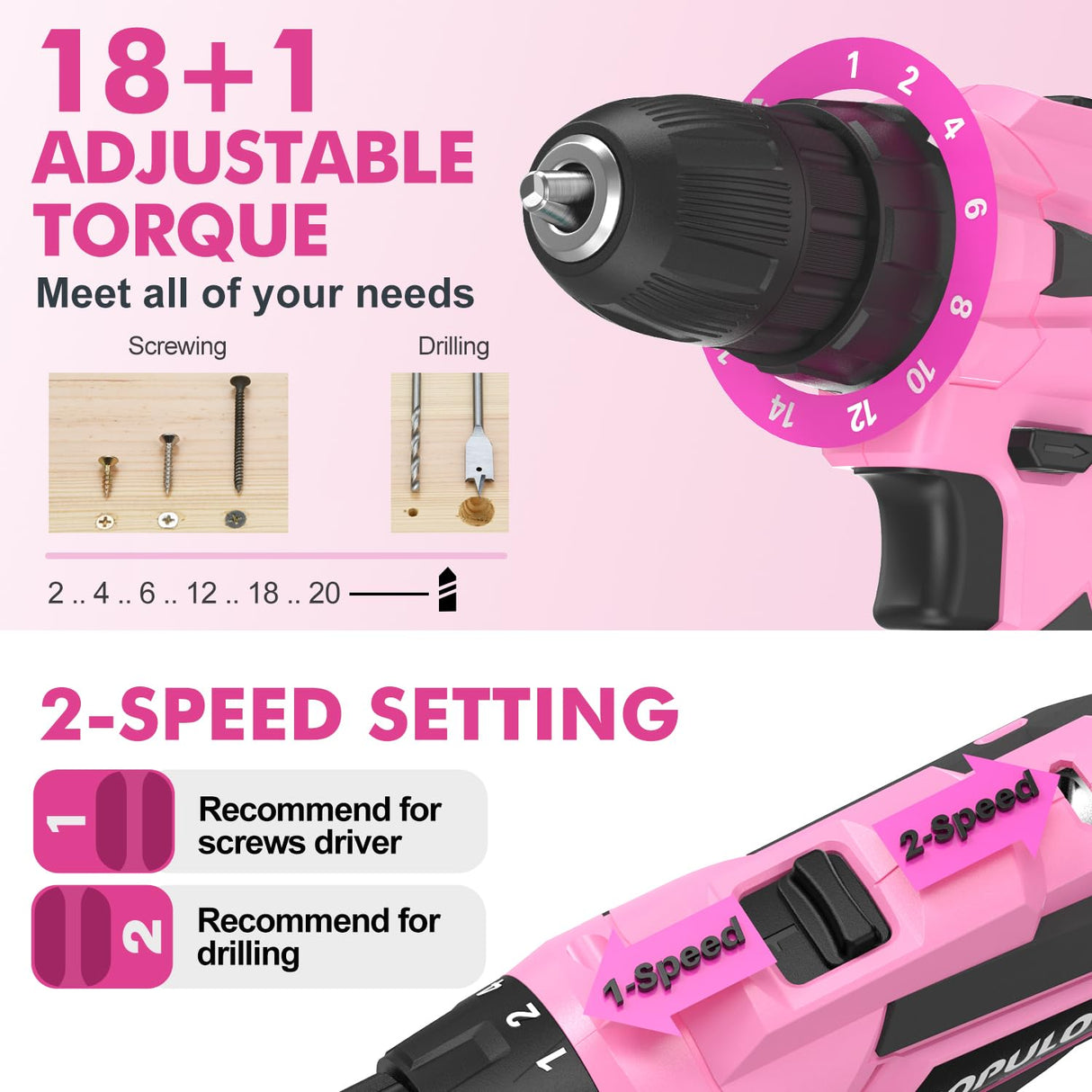 POPULO Pink Tool Kit 236-Piece with Cordless 20V 2000mAh Power Drill Driver, Lady's Basic Home Tool Set with 12-Inch Pink Tool Bag, Electric Drill populo