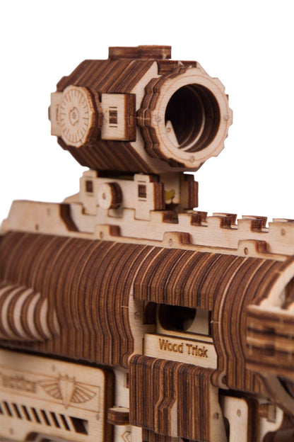 Wood Trick Assault Gun AR-T Model Kit for Adults and Teens to Build - with Telescoping Butt, Fuse, Sight and Clip for 12 Rounds - Detailed - WoodArtSupply