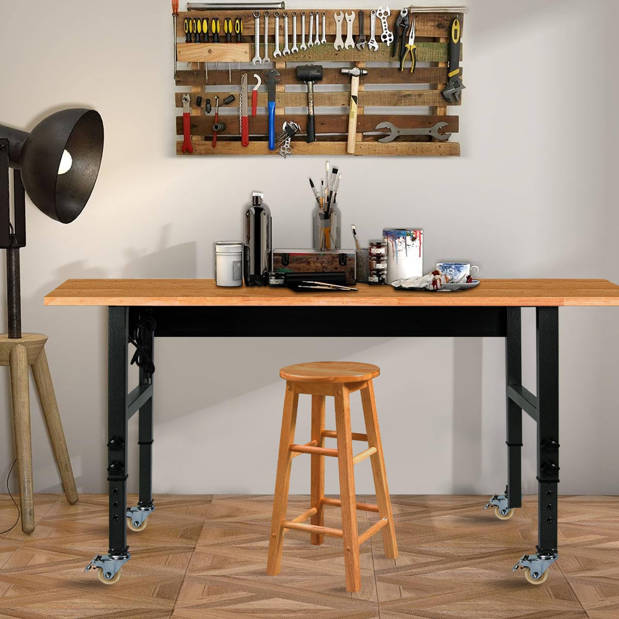 60" Adjustable Work Bench, Rubber Wood Top Heavy-Duty Workbench with Power Outlet with Wheels, 2000 LBS Load Capacity Hardwood Worktable, for Garage, Polar Aurora