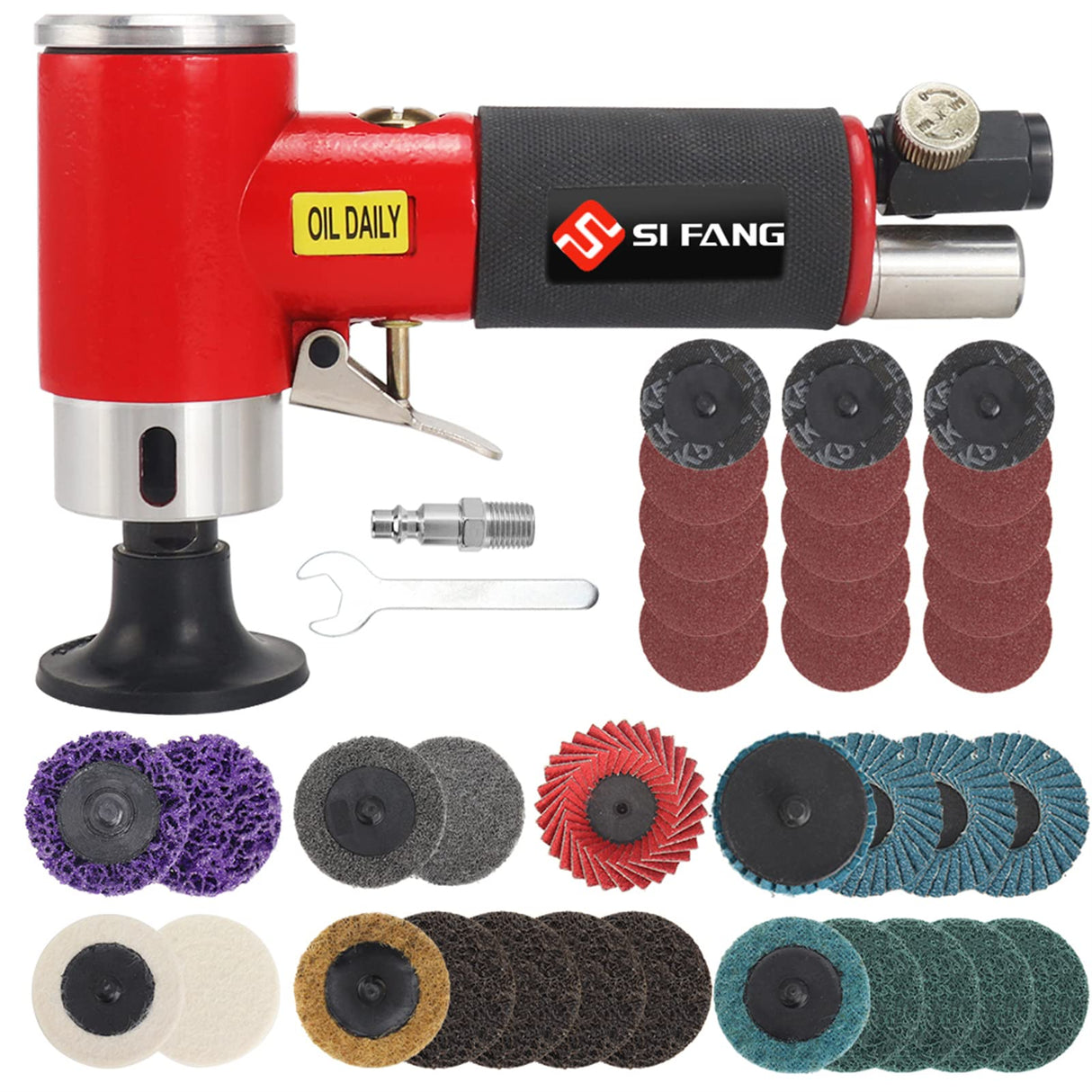 SI FANG 2 Inch Pneumatic Mini Orbital Sander Right Angle Air Die Grinder, Surface Prep Rotary Tool Polisher Kit with Various Quick Change Roll Lock SI FANG