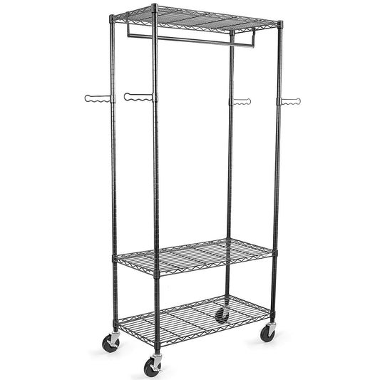 WDT Rolling Garment Rack with Wheels, Large Heavy Duty Clothing Rack with 3 Tier Shelves, Adjustable Metal Garment Closet Organizer Rack for Hanging - WoodArtSupply