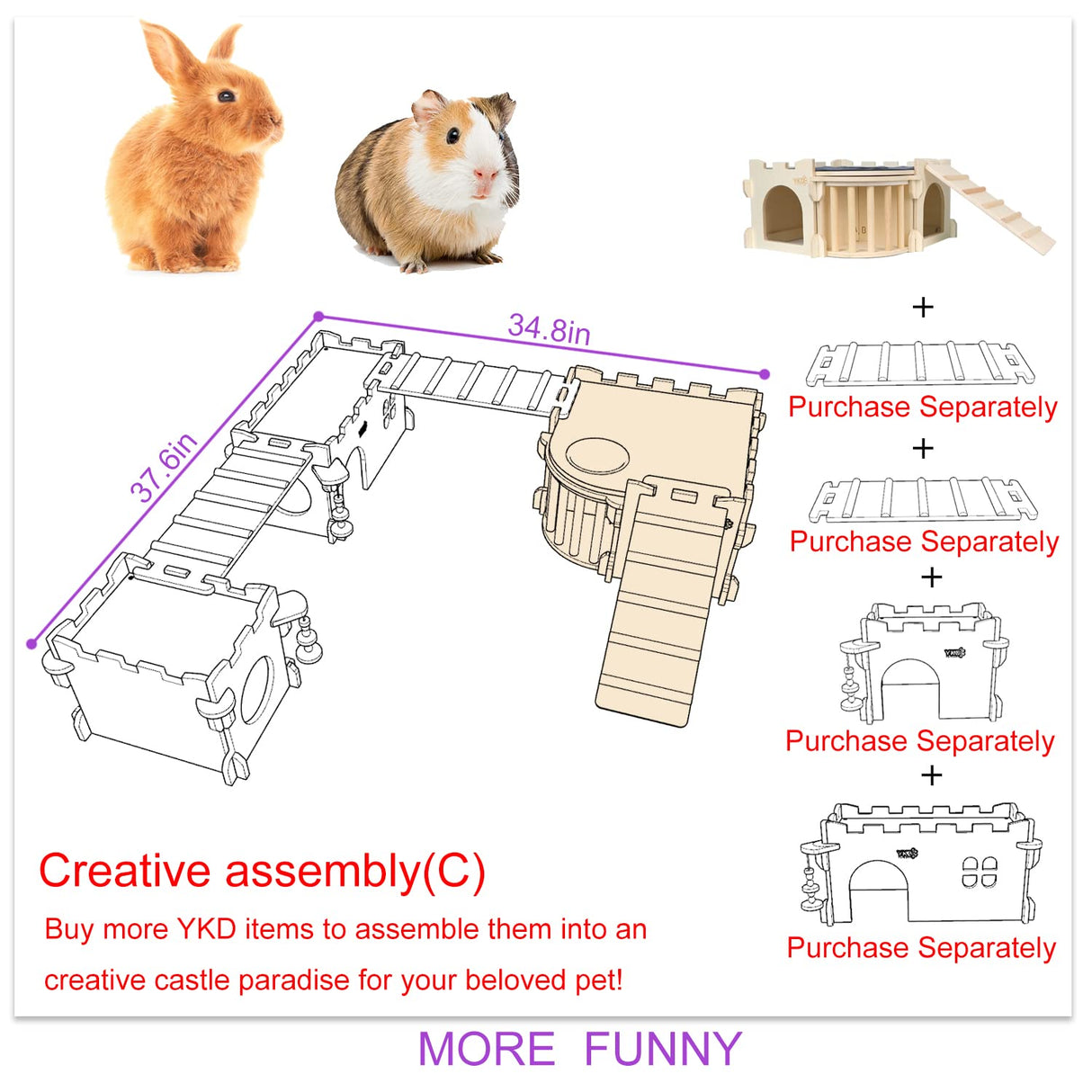 Large Guinea Pig Castle, Natural Wood Rabbit House with Ladder and Hay Feeder, Small Animal Hideout for Rabbit Guinea Pig Hedgehog Chinchilla YKD