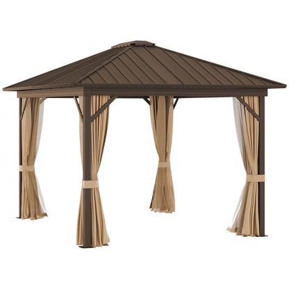 Outsunny 10' x 12' Hardtop Gazebo Canopy with Galvanized Steel Roof, Aluminum Frame, Permanent Pavilion with Top Hook, Netting and Curtains for