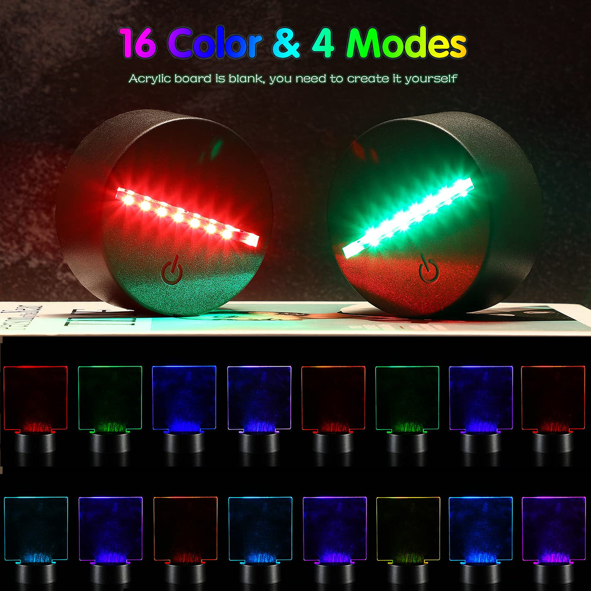 6 Sets 3D Night LED Lamp Bases Including 6 Light Display Stands 6 Clear Acrylic Sheets 6 Remote Controls 6 Charging Cables, Adjustable 16 Colors 4 Honoson
