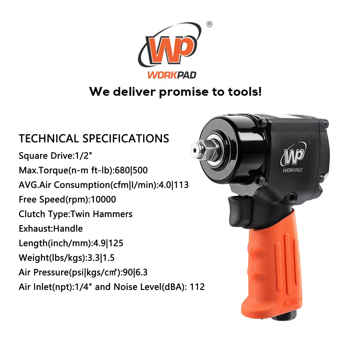 WORKPAD 1/2-Inch Mini Air Impact Wrench with Twin Hammers, Pneumatic Tools WP WORKPAD