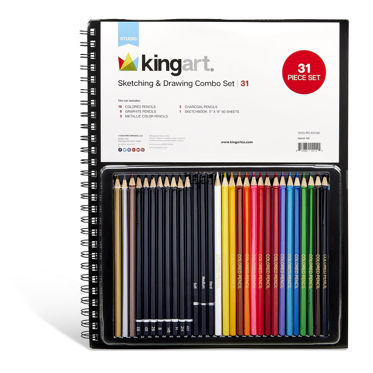 KINGART 142 Graphite and Color Pencil 30 Pc. Sketching & Drawing Art Set with Sketch Pad, For All Skill Levels including Beginner/Student KINGART