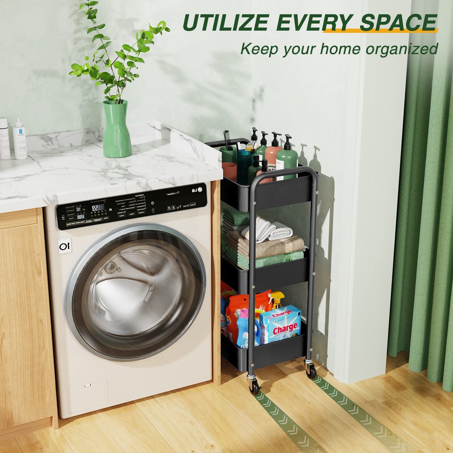 LEHOM 3 Tier Rolling Utility Cart, Metal Trolley Cart with Wheels, Hooks, Easy Assembly Organizer Storage Cart for Bathroom, Kitchen, Office, LEHOM