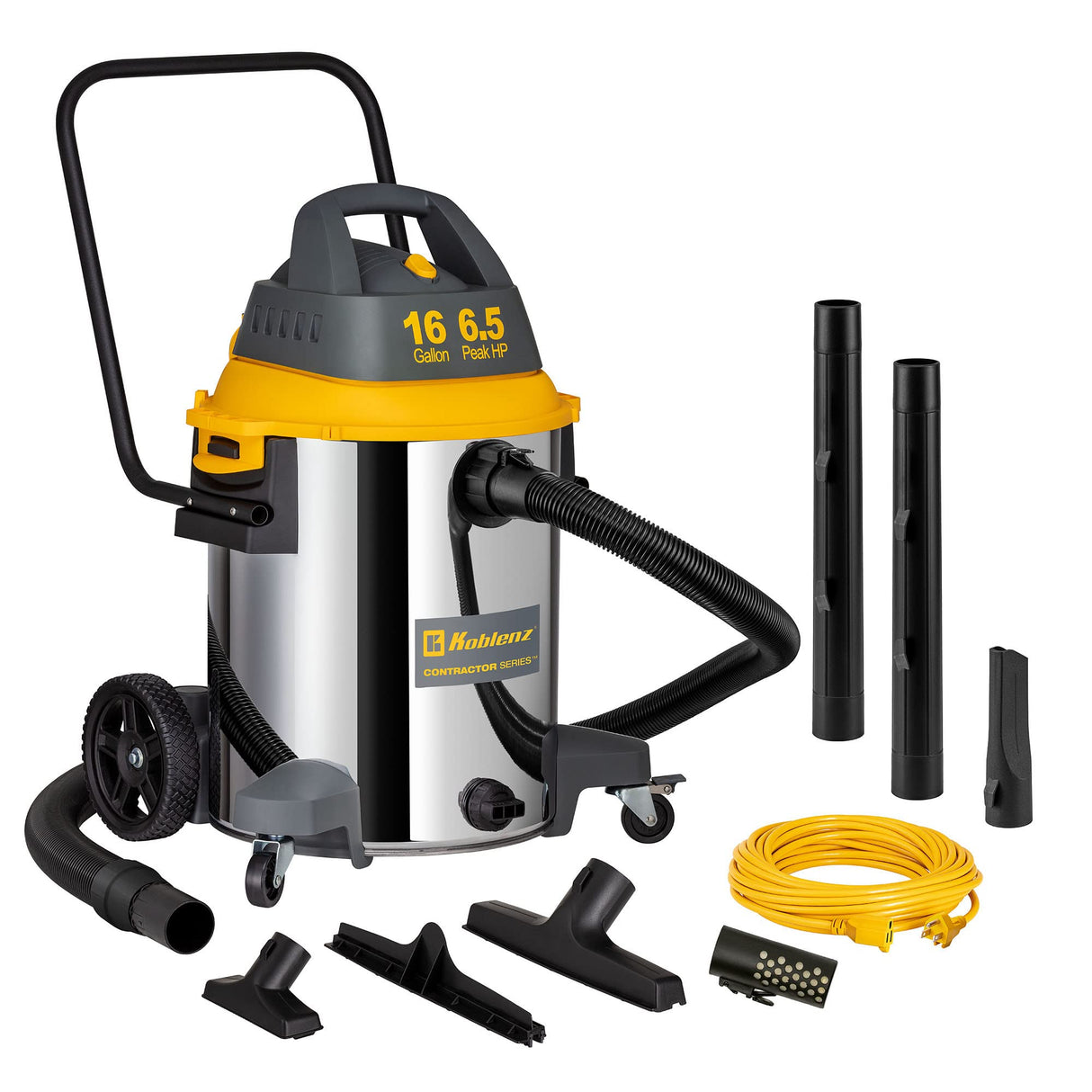 Koblenz Contractor Wet/Dry Vac, 16 Gal Stainless Steel 6.5HP 2-Stage Quiet Motor, Stainless (WD-16 C416SSH) Koblenz