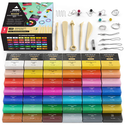 Arteza Polymer Clay Kit, Modeling Clay Oven Bake for Adults and Teens with 5 Sculpting Tools, 42 Colors, Made for Clay Earrings, Jewelry Making and