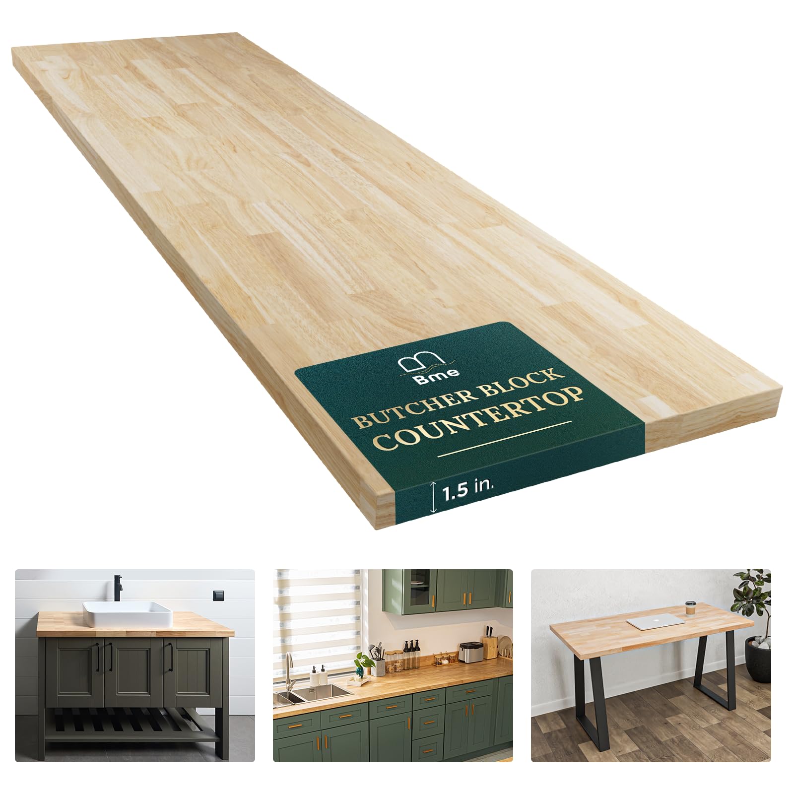 Bme Unfinished Hevea Solid Hardwood Butcher Block Countertop for DIY, Wood Desktop Table Top, Washer Dryer Counter Top, 6ft. L x 25"W, 1.5" Thick - WoodArtSupply