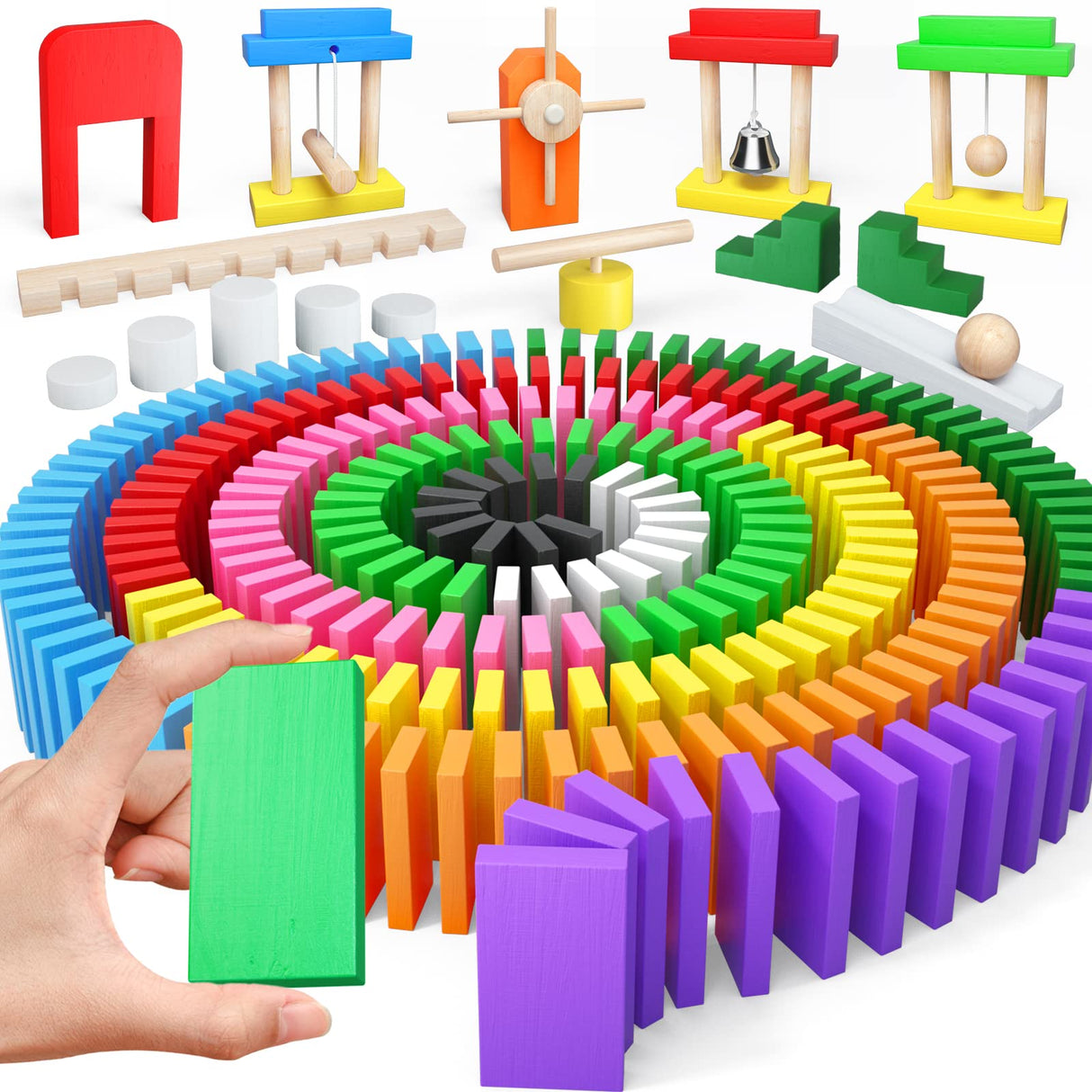 Large Dominoes for Kids, Wooden Dominos Set Include 200 PCS Colorful Domino Blocks, 11 Add-on Tricks and 1 Storage Bag, Bulk Building Dominoes, Tile PEBIRA