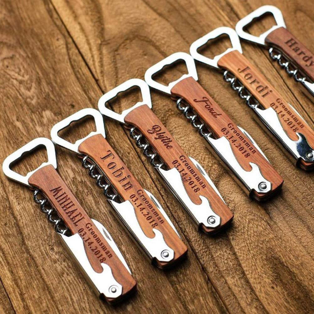 Personalized Wood Bottle Opener Wine Corkscrew, Groomsmen Corkscrew Wedding Party Gifts Engraved Wine Opener Father Day's Gift (Wooden) - WoodArtSupply