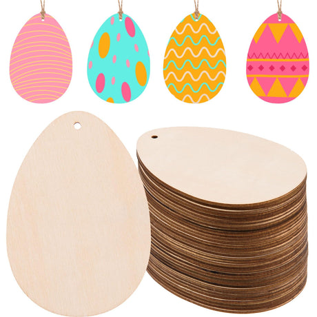 AWIZOM 72 Pcs Wooden Easter Egg Cutouts with Hole Unfinished Wood Egg Hanging Ornaments Blank Wooden Egg Slices with 32.8 Feet Twine for DIY Crafts AWIZOM