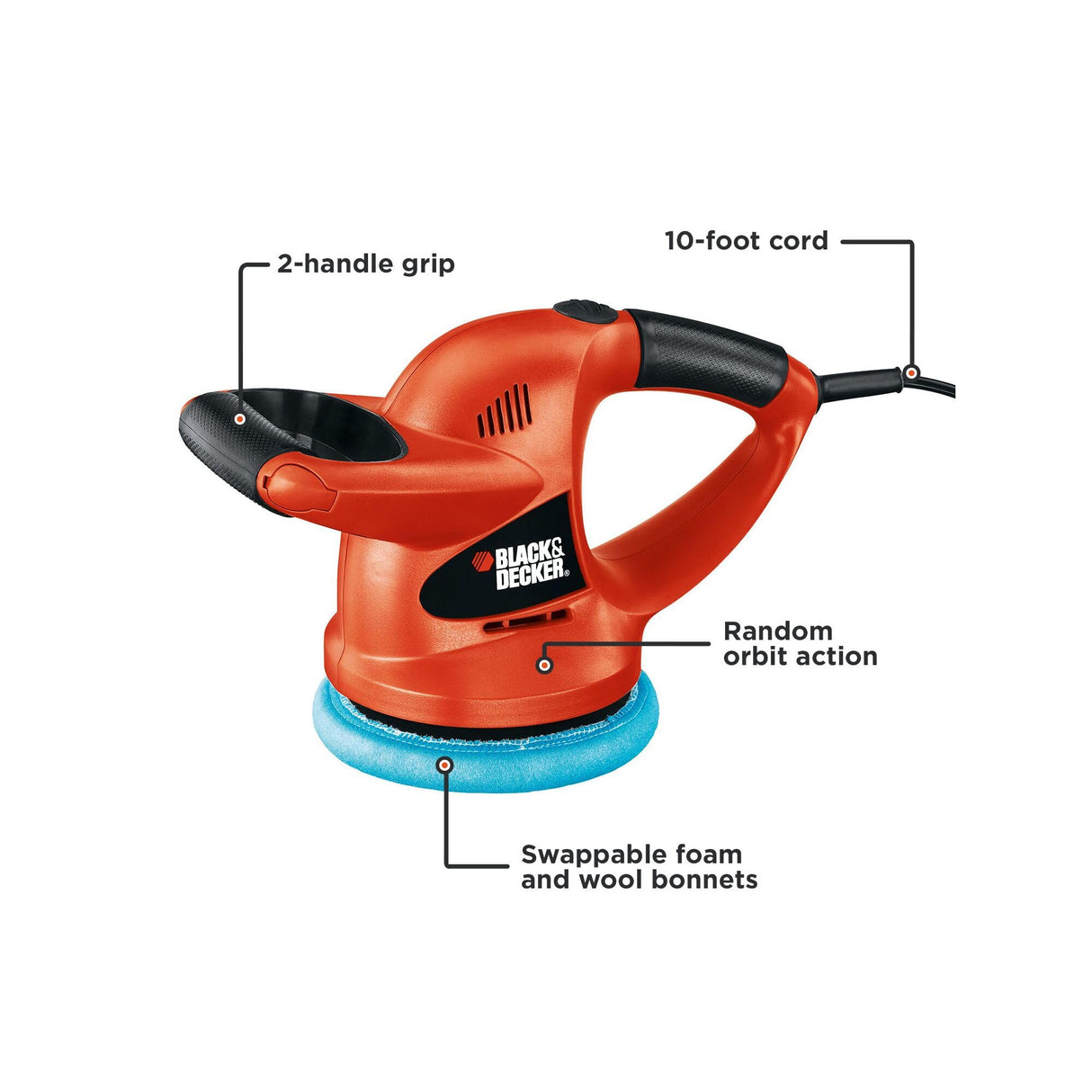 BLACK+DECKER Buffer Polisher, 6 inch Orbital Car Polisher, with Wool or Foam Bonnets (WP900) Black & Decker