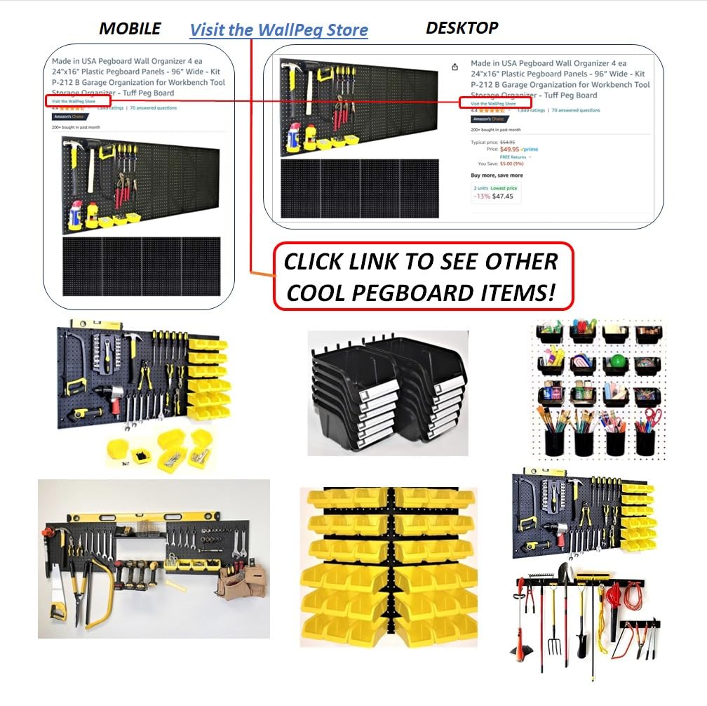 Made in USA Pegboard Wall Organizer 4 ea 24"x16" Plastic Pegboard Panels - 96” Wide - Kit P-212 B Garage Organization for Workbench Tool Storage - WoodArtSupply