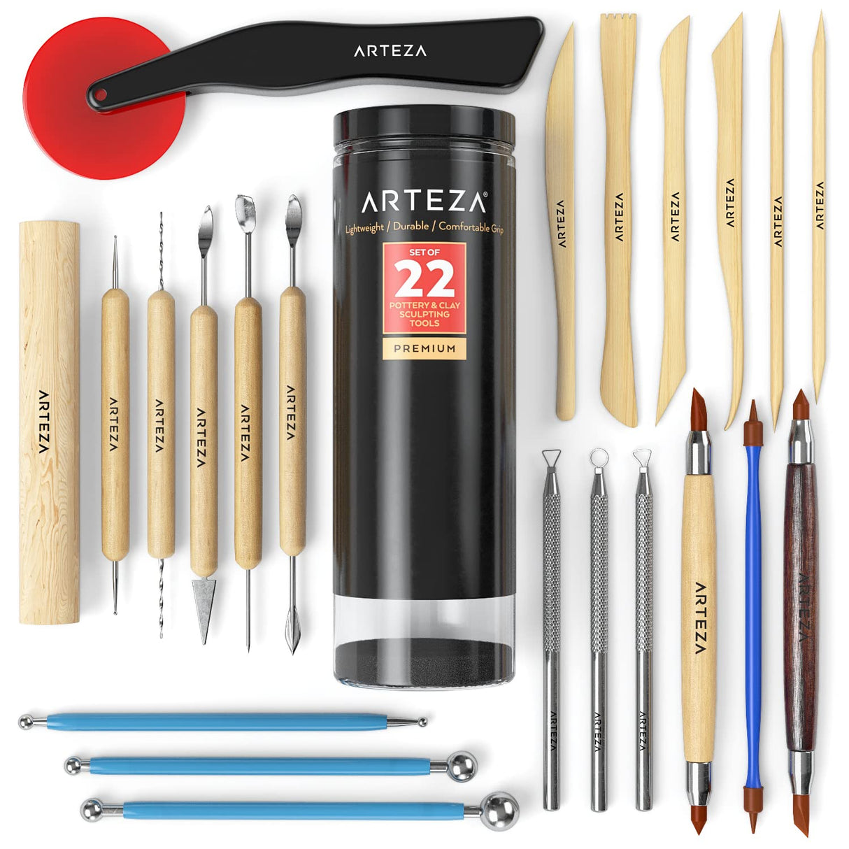 ARTEZA Pottery Tools & Clay Sculpting Tools, Set of 22 Pieces in PET Storage Tube, for Clay, Pottery, Ceramics Artwork & Holiday Crafts ARTEZA