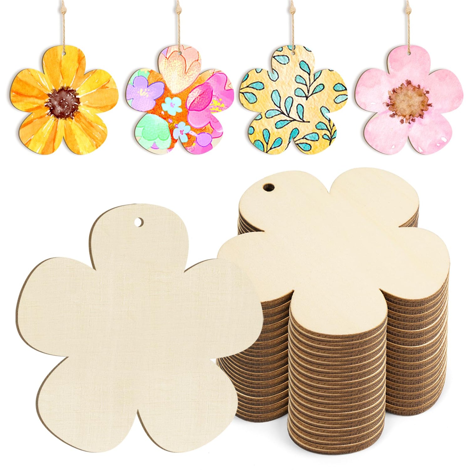 Wooden Flower Ornaments to Paint Spring Decoration Cutouts Unfinished 24PCS 3.5 x 3 inches, DIY Blank Unfinished Pumpkin Wood Discs Ornament for Home Sophena