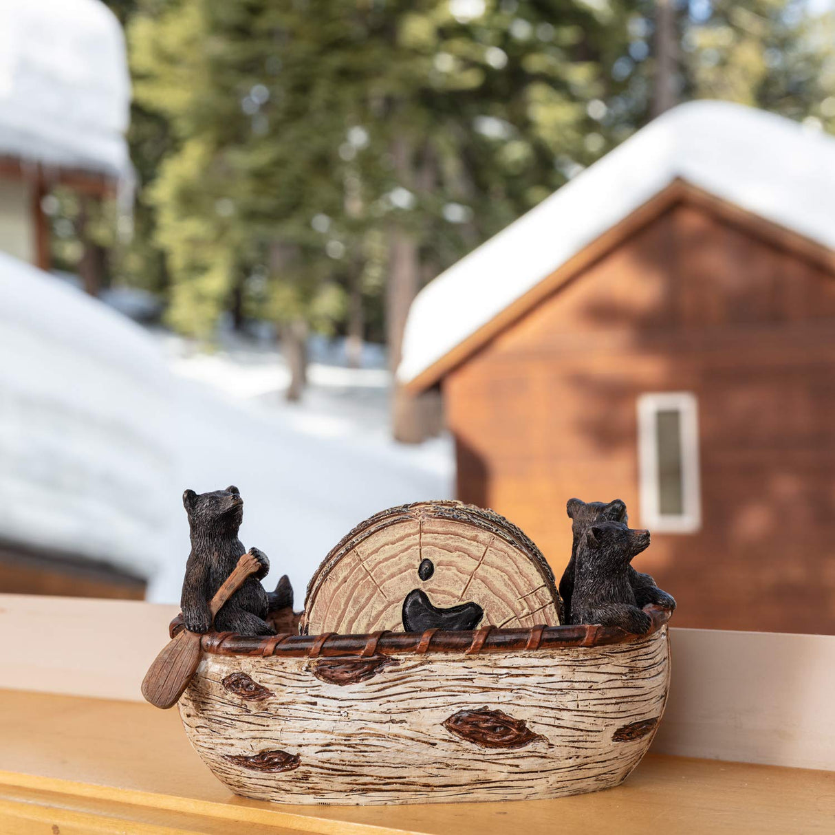 Bear Coasters Set – 6 Full Size Rustic Coasters in Handmade Canoe with Adorable Black Bear Figurines | Black Bear Log Cabin Decorations, Rustic Lodge Cabin Obsession