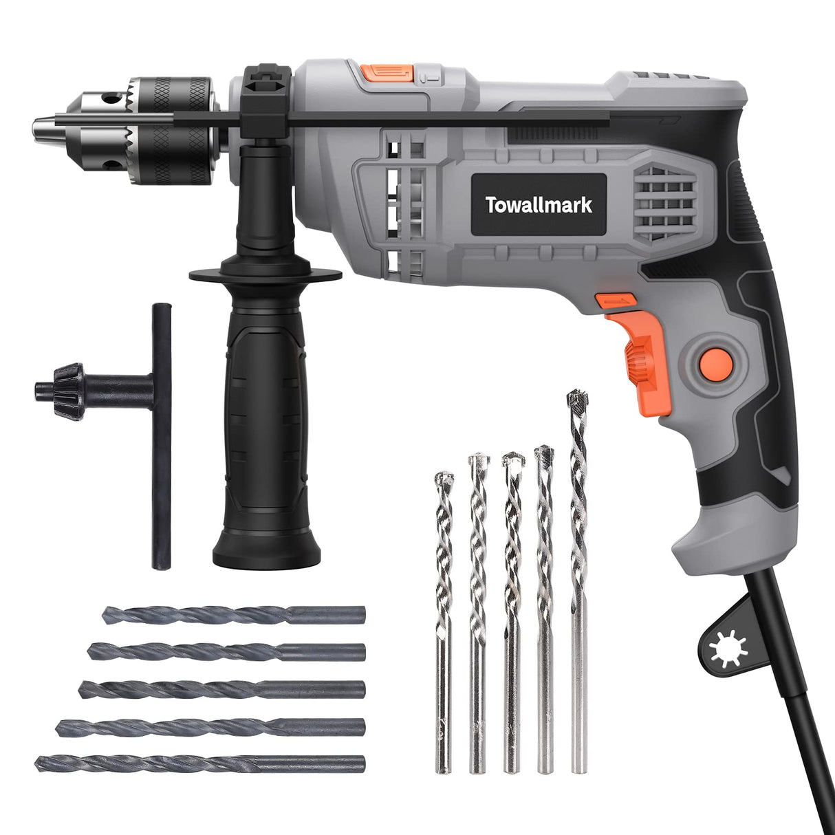7-Amp Hammer Drill, Towallmark 1/2-Inch Electric Hammer Drill with 3000RPM, Variable Speed, 10 Drill Bits for Home Improvement, DIY, Masonry, Wood Towallmark